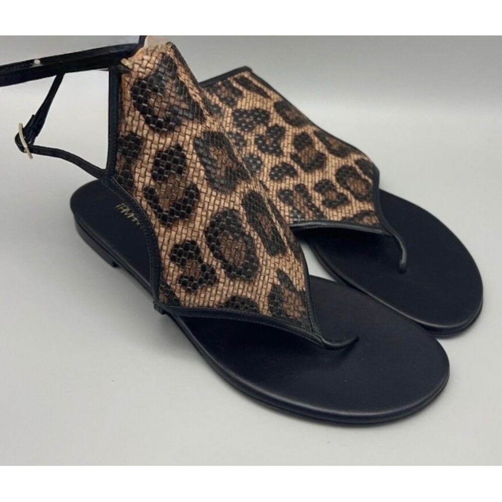 Tamara Mellon Leopard Print Leather T-Strap Flat Sandals Black Brown Italy 38